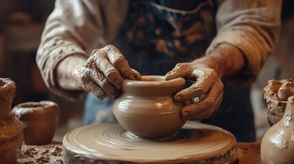image of male craftsman working on potters wheel at pottery studio