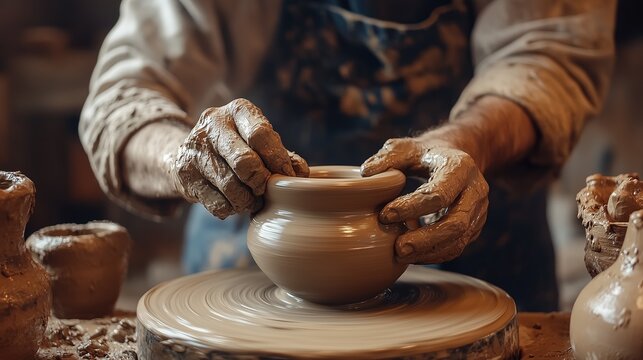 image of male craftsman working on potters wheel at pottery studio