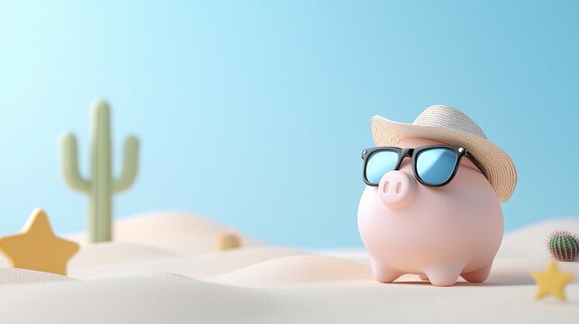 Adventurous Piggy Bank in Sunglasses and Cowboy Hat in Desert Landscape - Fun Wild West Vibe with Cacti and Playful Character