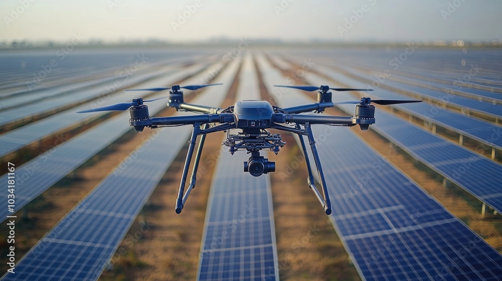 Poster A drone hovers above a vast field of solar panels, capturing data and monitoring energy output in the afternoon sunlight. The setting emphasizes renewable energy innovation.