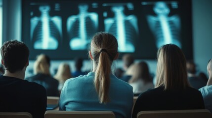 Obraz premium Audience engaged in a medical seminar, viewing projected x-ray images on a screen, focused on learning and discussion in a professional environment, diverse participants sharing insights