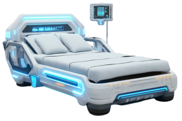 Futuristic medical bed with glowing lights and advanced monitoring system, isolated on a white background.