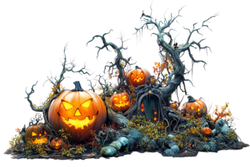 Halloween scene with carved pumpkins, twisted trees, and autumn foliage, creating a spooky atmosphere.