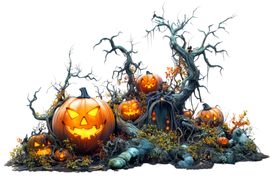 Halloween scene with carved pumpkins, twisted trees, and autumn foliage, creating a spooky atmosphere.