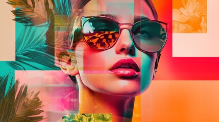 Vibrant fashion portrait of a woman with sunglasses in summer setting