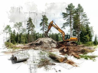 Excavator digging in a forest clearing with trees and logs