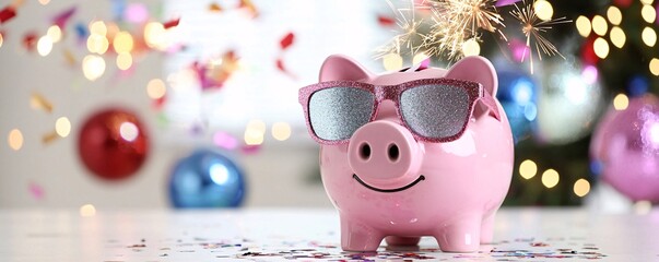 Festive Piggy Bank in Sunglasses Celebrating New Years Eve - Glitter Fireworks and Confetti Create a Fun Party Atmosphere