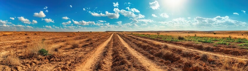 A dirt road cuts through a vast, dry field under a blue sky with fluffy white clouds.