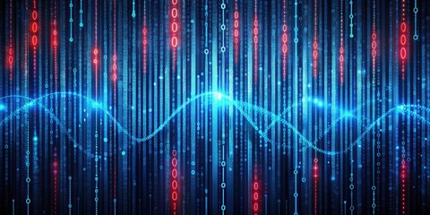 Fototapeta premium Waves in a blue matrix code structure with red dangerous code lines , technology, digital, programming, data