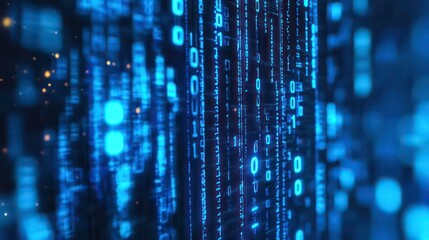 Abstract blue binary code background with glowing particles.