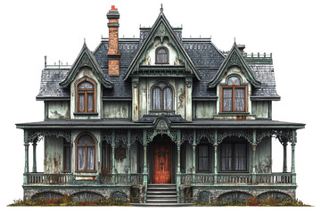 Old Victorian house with intricate design and weathered exterior, featuring a grand porch and detailed architectural elements.