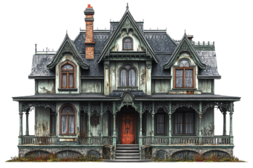 Old Victorian house with intricate design and weathered exterior, featuring a grand porch and detailed architectural elements.
