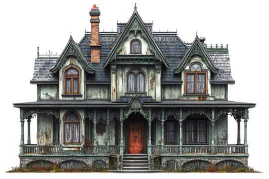 Old Victorian house with intricate design and weathered exterior, featuring a grand porch and detailed architectural elements.