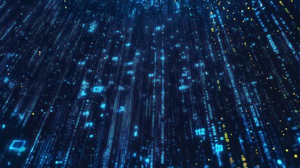 Abstract digital background with blue and yellow glowing lines and numbers on black background.