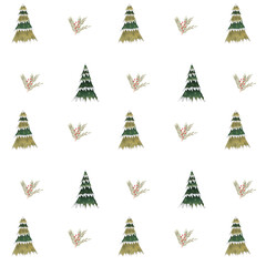 Estampa padr&atilde;o sem emenda de arvore de natal com flor natalina, desenho digital, l&uacute;dicos estilo n&oacute;rdico, verde com vermelho.