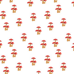 Estampa padr&atilde;o sem emenda cogumelo vermelho com base marrom de pintura digital infantil.