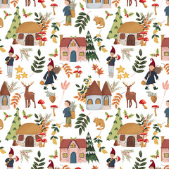 Estampa padr&atilde;o sem emenda duendes de natal, colorido, desenho digital natalino infantil com enfeites de natal.