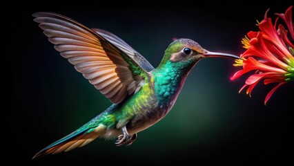 Fototapeta premium A Hummingbird in Flight, Its iridescent Green and Blue Feathers Gleaming as It Sips Nectar from a Bright Red Flower with Delicate Petals