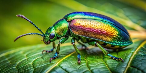 Naklejka premium Close-up shot of a jewel-toned beetle against lush foliage, beetle, jewel-toned, vibrant colors, surreal, charm