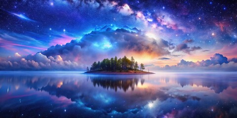 Fototapeta premium A serene island with a small grove of trees is surrounded by a vast lake reflecting the majestic night sky, adorned with twinkling stars and wispy clouds.