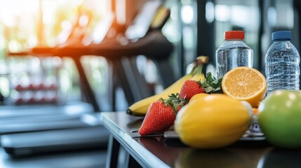Refreshing fruits and drinks on gym table during workout session