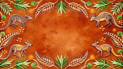 Botanical watercolor frame with kangaroo and koala organic shapes and Aboriginal motifs on red earth background