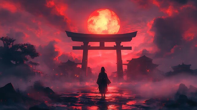 A lone figure walks towards a torii gate under a red moon in a misty, Japanese landscape.
