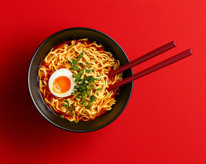 A close-up photo of a bowl of ramen with chopsticks, boiled egg, and fresh green onions on a vibrant red background.