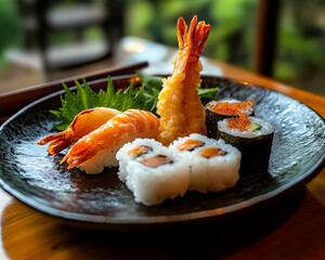 A delicious plate of assorted sushi and tempura shrimp served beautifully on a black plate in a restaurant setting.