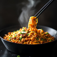 A steaming bowl of delicious noodles garnished with green onions, being lifted by chopsticks in a dark background setting.
