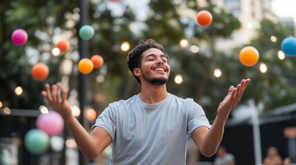 Young man joyfully juggling colorful balls outdoors during a sunny day at a bustling city park