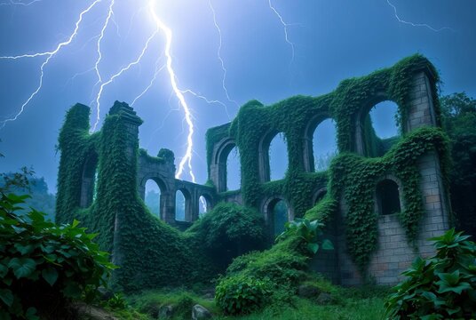 Vine Covered Ruins Lightning Lightning illuminating ruins covere