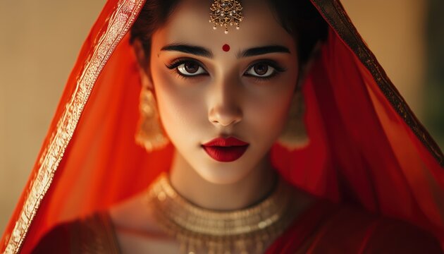 Stunning Indian Bengali Wedding Bride In Exquisite Banaras Silk Saree And Traditional Gold Jewelry With Beautiful Blurred Background