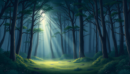 Obraz premium The light rays through the fog among the trees on the night forest glade. Fairytale magic background isolated with white highlights, png