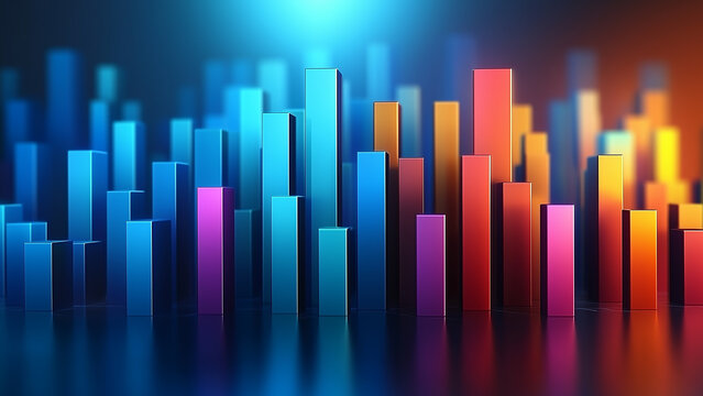A colorful 3D bar chart featuring luminous, colorful bars on a vibrant backdrop. For data analysis, business performance, and growth trends concepts.