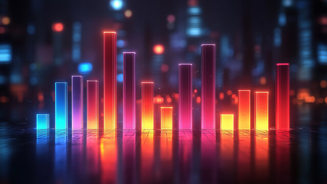A glowing, colorful 3D bar chart set against a colorful backdrop. For bar charts, financial charts, business metrics, or data visualization concepts.