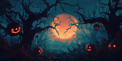 Horror pumpkin silhouette on a dark autumn night with spooky bats and a full moon,Generated By Ai