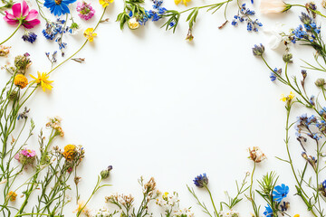 Obraz premium Colorful wildflowers arranged in a frame on a white background, perfect for a nature-themed design or project.