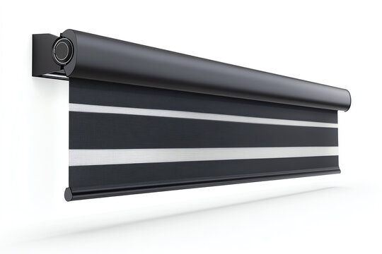 Modern black roller blind with striped design against a white isolated background.