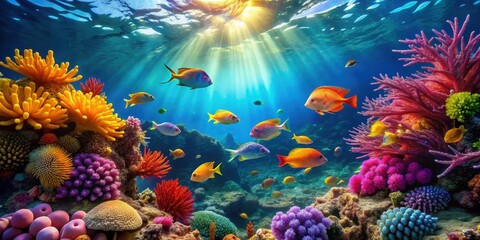 Fototapeta premium Vibrant underwater world with coral reefs, colorful fish, and waving seaweed, offering a serene escape