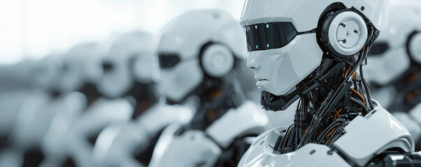 Fototapeta premium Robots in futuristic setting showcase advanced technology and design, highlighting integration of artificial intelligence in industrial applications