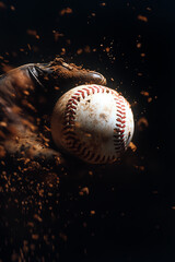 Dynamic capture of a baseball in motion a stunning close-up of a player's glove and the dusty impact of the game showcasing the intensity and passion of baseball
