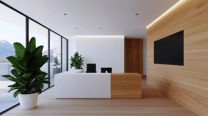 Minimalist CEO office with Scandinavian design, natural wood, and soft tones, Scandinavian office design, minimalist executive space