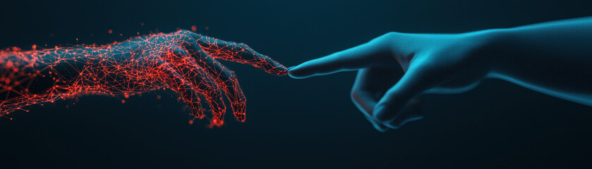digital representation of two hands reaching towards each other, one human and one composed of glowing red and blue lines, symbolizing interaction between humanity and technology