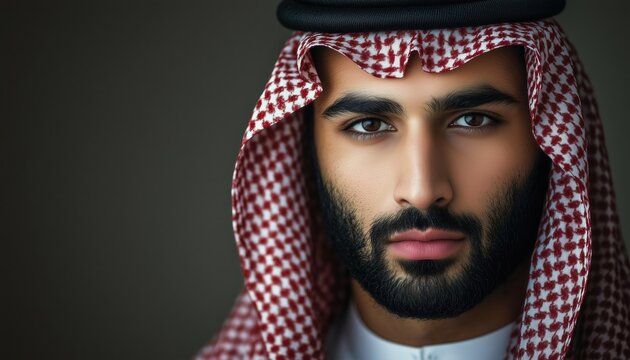 Stylish Saudi Arabian Man In Traditional Attire: Portrait Of Handsome Middle-Eastern Businessman In Thwab On Gray Background.