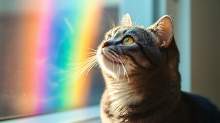 A tabby cat looks out a window at a rainbow of light.