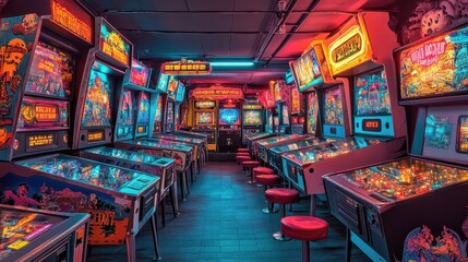 Energetic arcade room with rows of classic pinball machines, bright neon signs, and vintage gaming consoles for a fun retro experience