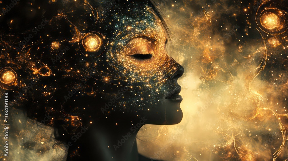 Wall mural a woman's face is surrounded by a swirling nebula of stars and light, creating an ethereal and mysti