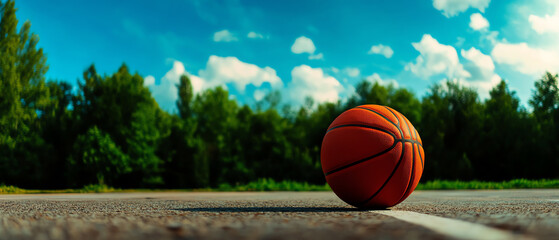A vibrant basketball on an outdoor court surrounded by lush greenery under a bright blue sky perfect for sports enthusiasts and nature lovers alike