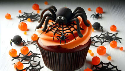 halloween cupcake with spider and webs